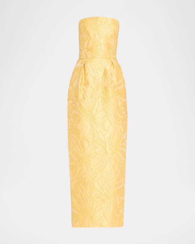 Strapless Floral Jacquard Pleated Ankle Dress